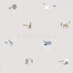   ICH NOA vlies anyagú szürke, fehér, kék, barna színű feliratos, állatos gyerek tapéta