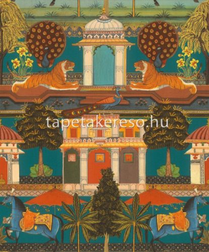 Rasch Indian Style vlies, vinyl anyagú narancssárga, zöld, kék, barna színű épület, állatos, fás, keleti motívumos modern tapéta