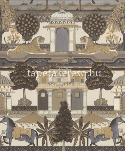 Rasch Indian Style vlies, vinyl anyagú beige, barna, fekete, kék, szürke színű épület, állatos, fás, keleti motívumos modern tapéta