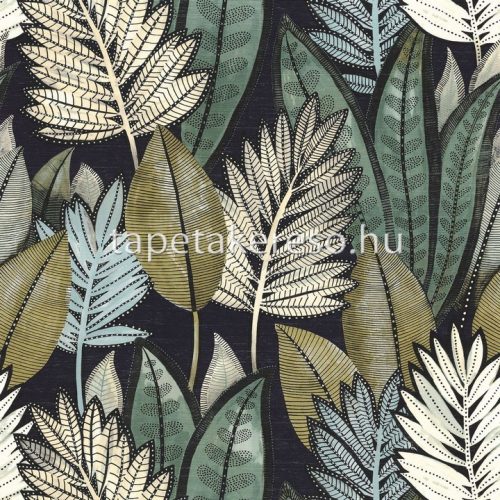 Casamance Manille vinyl, vlies anyagú kék, zöld, barna, törtfehér színű leveles natural tapéta