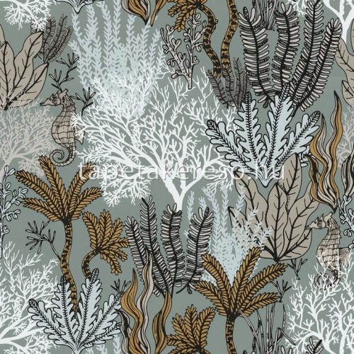Casamance Orphée vlies anyagú türkiz, barna, szürke, fekete, arany színű tenger modern tapéta