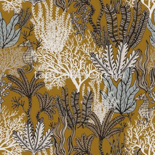 Casamance Orphée vlies anyagú mustársárga, fehér, barna, fekete, arany színű tenger modern tapéta