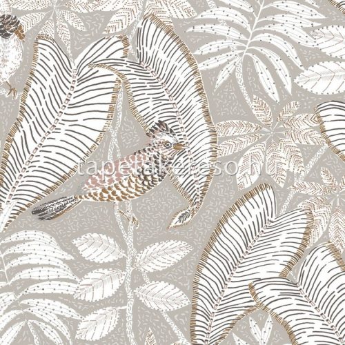 Casamance Orphée vlies anyagú fehér, szürke, barna színű madaras, leveles modern tapéta