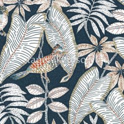   Casamance Orphée vlies anyagú kék, fehér, mustársárga, korall színű madaras, leveles modern tapéta