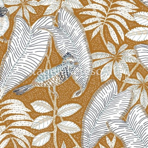Casamance Orphée vlies anyagú fehér, barna, türkiz, fekete színű madaras, leveles modern tapéta
