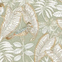   Casamance Orphée vlies anyagú fehér, zöld, barna, arany színű madaras, leveles modern tapéta