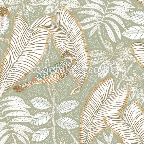 Casamance Orphée vlies anyagú fehér, zöld, barna, arany színű madaras, leveles modern tapéta