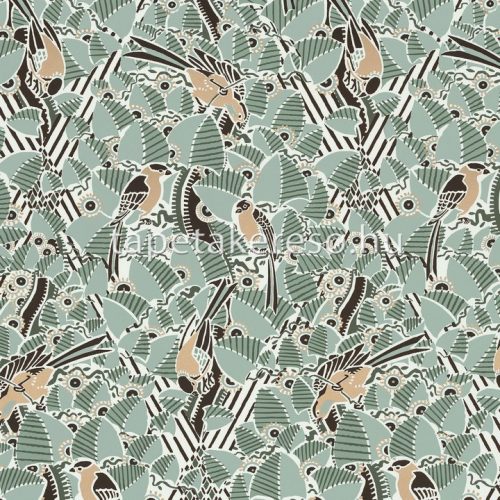Casamance Printems Viennois vlies anyagú zöld, fekete, fehér, arany színű madaras, leveles modern tapéta