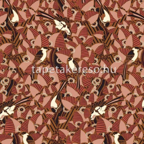 Casamance Printems Viennois vlies anyagú barack, fekete, mustársárga, fehér színű madaras, leveles modern tapéta