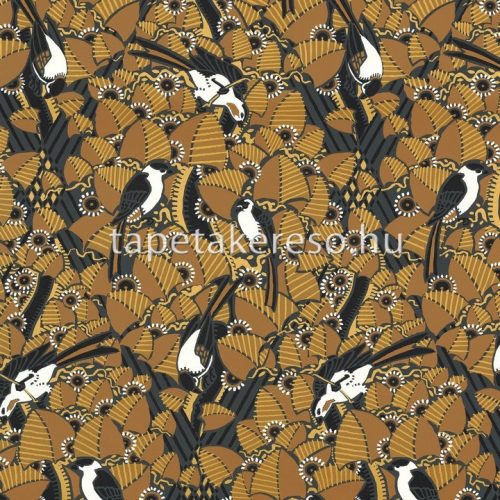 Casamance Printems Viennois vlies anyagú fekete, fehér, barna, arany színű madaras, leveles modern tapéta