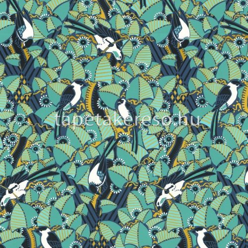 Casamance Printems Viennois vlies anyagú zöld, türkiz, fekete, fehér, arany színű madaras, leveles modern tapéta