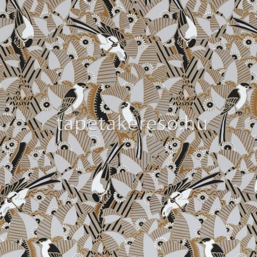 Casamance Printems Viennois vlies anyagú szürke, barna, fekete, fehér, arany színű madaras, leveles modern tapéta