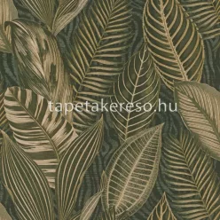   Rasch African Queen vlies, vinyl anyagú zöld, arany, beige színű leveles modern, natural tapéta