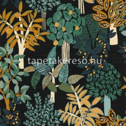   Casamance Golfe Du Bengale vlies, vinyl anyagú fekete, zöld, beige, okker, rozsdabarna színű fás, leveles, szövethatású modern, natural tapéta