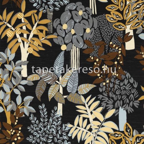 Casamance Golfe Du Bengale vlies, vinyl anyagú fekete, okker, szürke, kék, krém színű fás, leveles, szövethatású modern, natural tapéta