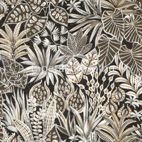 Casamance Golfe Du Bengale vlies, vinyl anyagú fehér, fekete, okker színű növényes, leveles, textilhatású modern, natural tapéta