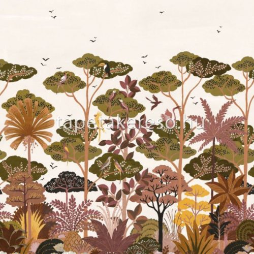 Casamance Golfe Du Bengale vlies, vinyl anyagú törtfehér, mályva, sárga, barna, zöld színű fás, madaras, növényes modern, natural poszter