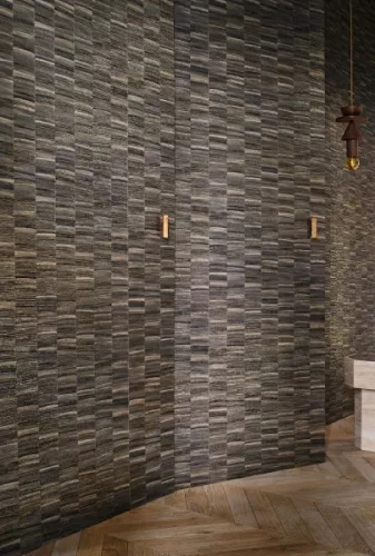 Casamance Nature Précieuse vlies, vinyl anyagú barna, arany színű csíkos, vonalas, struktúrált modern, natural tapéta