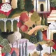 Novamur Leyla vinyl, vlies anyagú zöld, szürke, piros, barna, lila, narancssárga színű épület, fás Modern tapéta