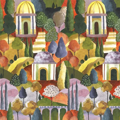 Novamur Leyla vlies anyagú zöld, narancssárga, sárga, lila, barna színű épület, fás Modern panel
