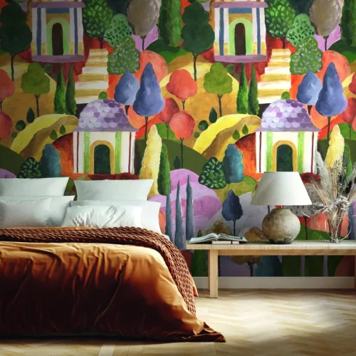Novamur Leyla vlies anyagú zöld, narancssárga, sárga, lila, barna színű épület, fás Modern panel