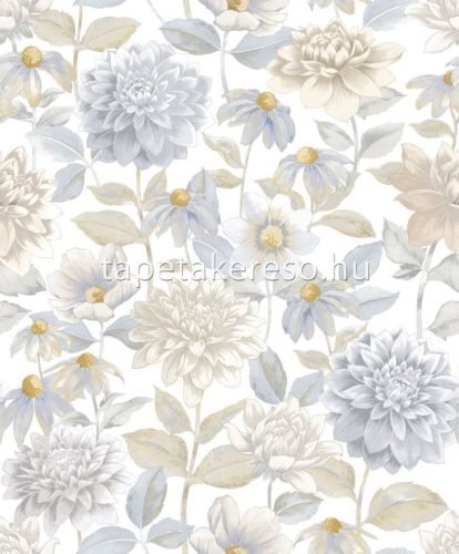 Casadeco Gardens vlies anyagú fehér, kék, sárga, beige színű virágos modern tapéta