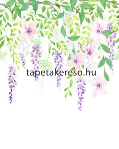 Casadeco Gardens vlies anyagú fehér, zöld, lila, rózsaszín színű leveles, virágos modern tapéta