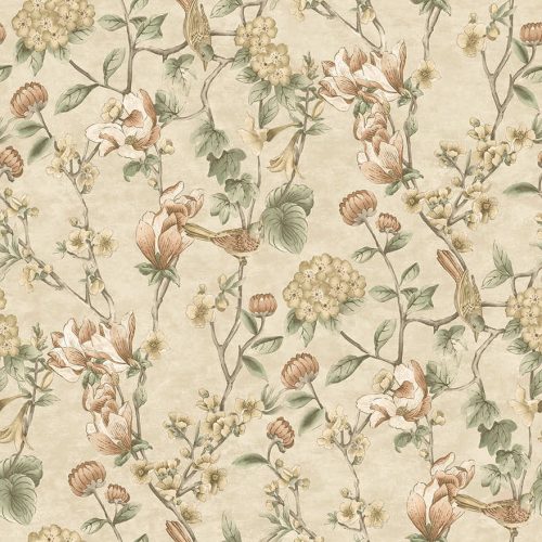 Holden Lost Garden vlies anyagú, beige, zöld, barna színű, madaras, faágas, virágos, Modern tapéta