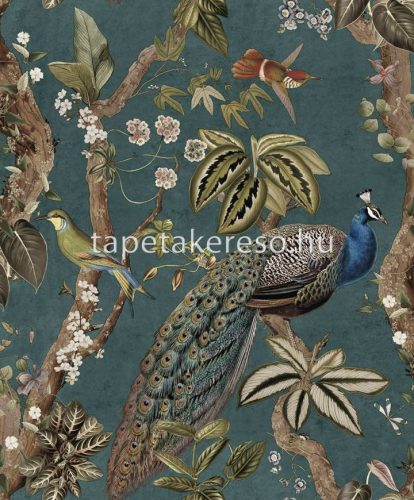 Holden Arboretum vlies anyagú türkiz, zöld, barna színű madaras, fás, növényes modern tapéta