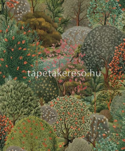 Holden Arboretum vlies anyagú zöld, rózsaszín, narancssárga színű növényes, fás modern tapéta