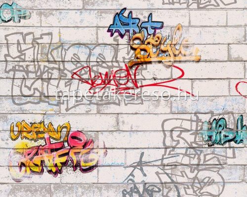 AS Creation Boys & Girls 6 papír anyagú szürke, fehér, piros, sárga, kék, ezüst színű grafiti, téglamintás gyerek tapéta