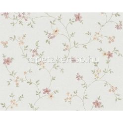   AS Creation Maison Charme vlies, vinyl anyagú fehér, zöld, barna, mályva színű indamintás, virágos, textilhatású romantikus tapéta
