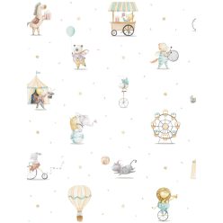   ICH Mika vlies anyagú fehér, barna, türkiz, szürke színű cirkusz, állatos gyerek tapéta