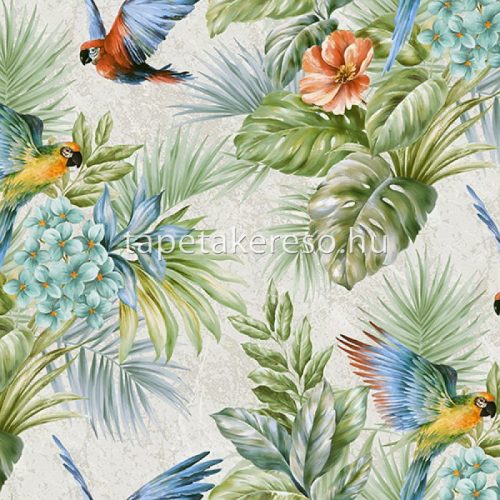Adawall Tropicano vinyl anyagú zöld, kék, narancssárga, szürke színű madaras, virágos, leveles modern tapéta