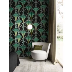   Khroma Agathe vlies anyagú fekete, zöld, türkiz, arany, csillámos színű art deco modern tapéta