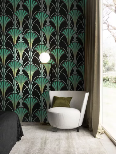 Khroma Agathe vlies anyagú fekete, zöld, türkiz, arany, csillámos színű art deco modern tapéta