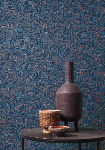 Khroma Agathe vlies anyagú kék, zöld, terrakotta színű pöttyös, art deco modern tapéta