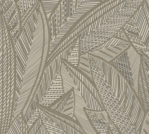AS Creation French Affair habosított, vlies anyagú homok, fekete, gyöngyház színű leveles modern tapéta