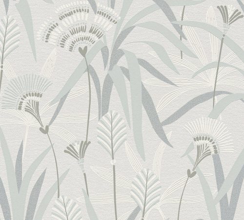 AS Creation French Affair habosított, vlies anyagú fehér, szürke, zöld színű virágos, leveles modern tapéta