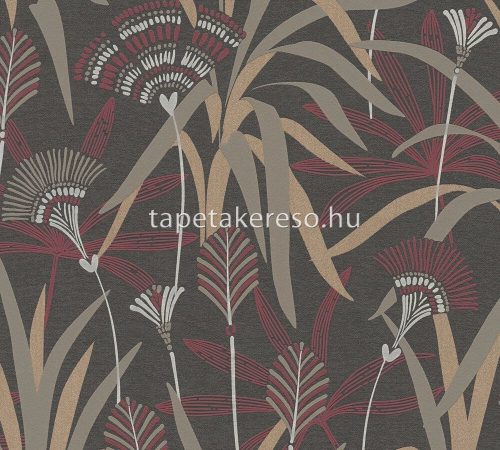 AS Creation French Affair habosított, vlies anyagú fekete, barna, bordó, bronz, törtfehér színű virágos, leveles modern tapéta