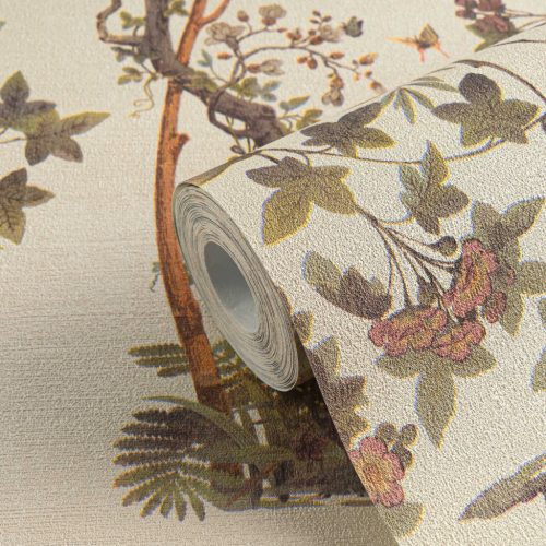 AS Creation History of Art 2, vlies, vinyl anyagú, beige, barna, zöld, mályva színű, növényes, virágos, madaras, pillangós, Modern tapéta