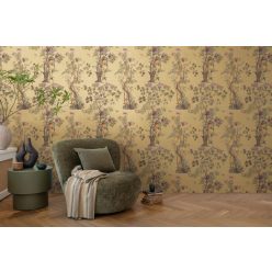   AS Creation History of Art 2, vlies, vinyl anyagú, okker, zöld, barna, rózsaszín színű, növényes, virágos, madaras, pillangós, Modern tapéta