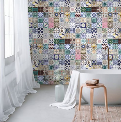 AS Creation The wall 3 vinyl, vlies anyagú, kék,zöld, szürke, rózsaszín színű, patchwork, csempe, Modern poszter