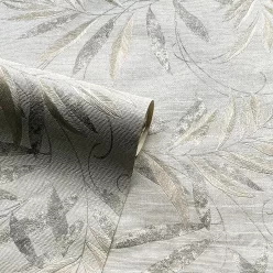   Arthouse, Signature Collection, vinyl, papír anyagú, szürke, ezüst színű, leveles, textilhatású, Modern tapéta