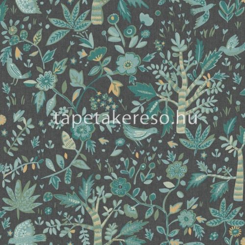 Caselio Boheme vlies, vinyl anyagú fekete, türkiz, zöld, arany színű madaras, fás, virágos modern tapéta