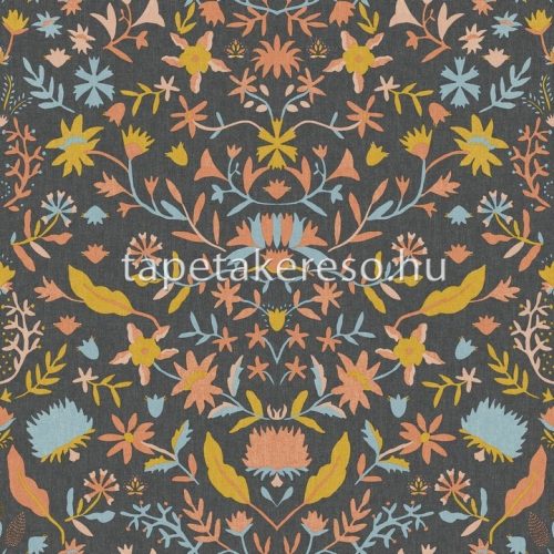 Caselio Boheme vlies, vinyl anyagú fekete, rózsaszín, sárga, kék színű etno, virágos modern tapéta