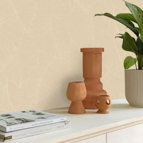 Caselio Borneo vlies, vinyl anyagú, beige, fehér színű, leveles, Modern tapéta