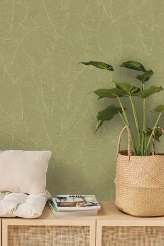 Caselio Borneo vlies, vinyl anyagú, beige, zöld színű, leveles, Modern tapéta