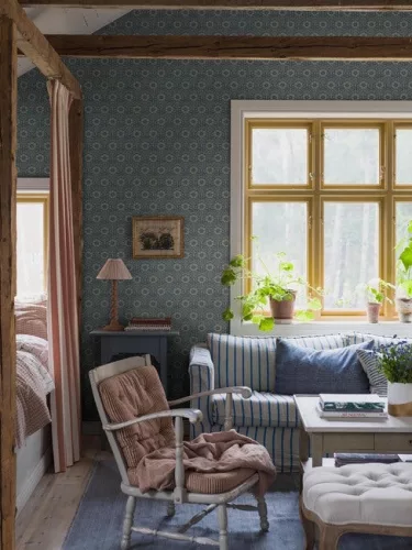 Boras Nordic Folk vlies anyagú, kék, fehér színű, virágos, Modern tapéta
