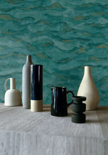 Casamance Nuit d'orient vlies anyagú, zöld, arany színű, hullám, Modern tapéta